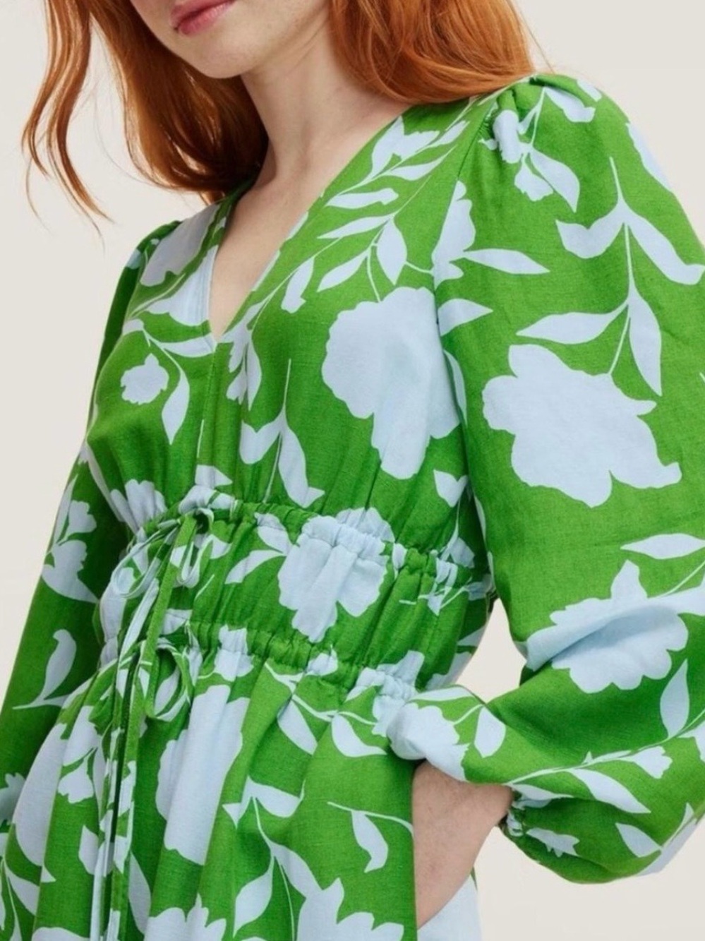 Green Floral Drawstring Waist Dress